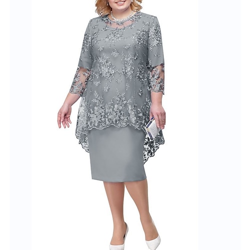 Women's Plus Size Curve A Line Dress Floral Round Neck Lace 3/4 Length Sleeve Spring Summer Casual Sexy Mother's Day Knee Length Dress Daily Holiday Dress / Skinny / Print, lightinthebox  - buy with discount