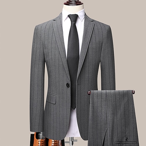 

Light Grey Dark Gray Men's Wedding Business / Ceremony / Wedding Suits 2 Piece Striped Tailored Fit Single Breasted One-button 2022