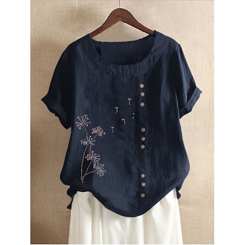 

Women's Plus Size Tops Blouse Leaf Embroidered Short Sleeve Round Neck Basic Daily Vacation Cotton Summer Navy Blue / Slim
