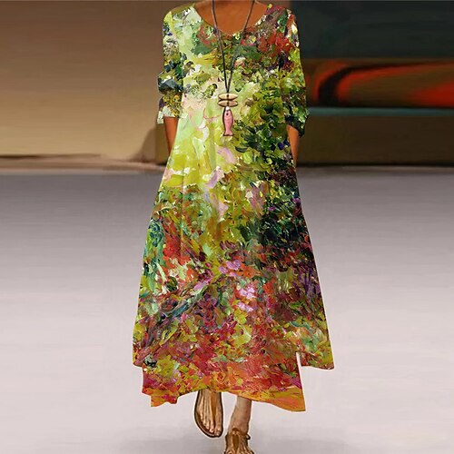 

Women's A Line Dress Maxi long Dress Green Pink Rainbow Beige Long Sleeve Floral Pocket Button Print Spring Summer Round Neck Elegant Casual Vacation 2022 S M L XL XXL 3XL 4XL 5XL