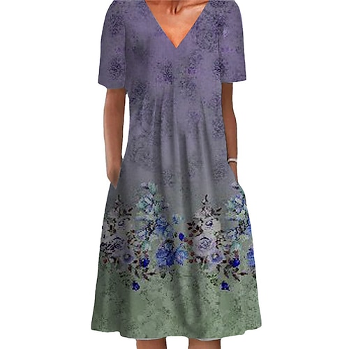 

Mulheres Vestido casual Vestido de turno Azul Roxo Cinzento Manga Curta Floral Bolsos Primavera Verão Decote V Ajuste Largo 2022 S M L XL XXL 3XL