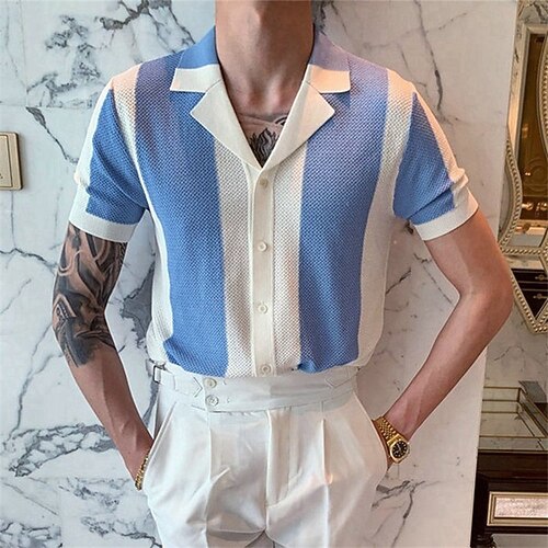 

Men's Knit Polo Sweater Striped Turndown Blue Street Casual Short Sleeve Button-Down Clothing Apparel Sports Fashion Classic Comfortable