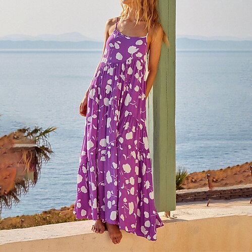

Women's A Line Dress Midi Dress Purple Sleeveless Print Color Block Backless Ruffle Cold Shoulder Spring Summer Square Neck Spaghetti Strap Casual 2022 S M L XL