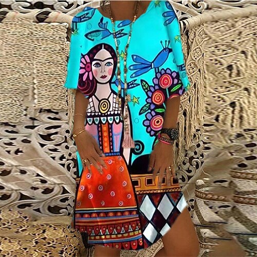 

Women's Shift Dress Short Mini Dress Blue Rainbow Red Light Blue Short Sleeve Abstract Print Spring Summer Round Neck Personalized Casual Vintage 2022 S M L