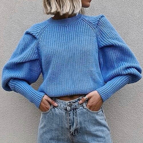 

Women's Sweater Pullover Jumper Knitted Pure Color Stylish Casual Soft Long Sleeve Sweater Cardigans Crew Neck Spring Summer Blue Brown