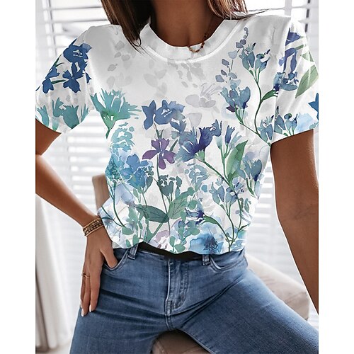 

Women's Floral Theme Painting T shirt Floral Print Round Neck Basic Tops Green Purple Light Green / 3D Print