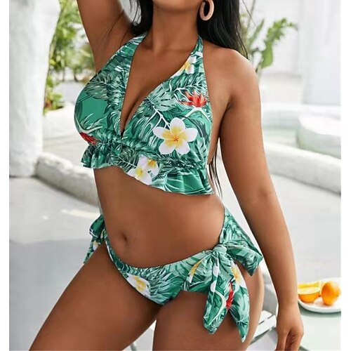 

Women's Swimwear Bikini 2 Piece Plus Size Swimsuit Open Back Printing for Big Busts Flower Green Halter V Wire Bathing Suits Sexy Vacation Fashion / Modern / New / Padded Bras