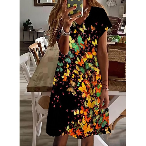 

Mujer Vestido informal Vestido de cambio Negro Manga Corta Animal Estampado Primavera Verano Escote en Pico Holgado 2022 S M L XL XXL 3XL