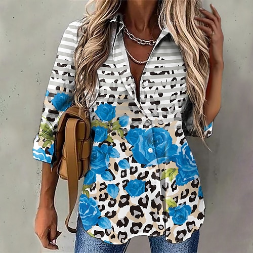 

Women's Floral Theme Blouse Shirt Floral Leopard Button Print Shirt Collar Casual Streetwear Tops Green Blue Red / 3D Print