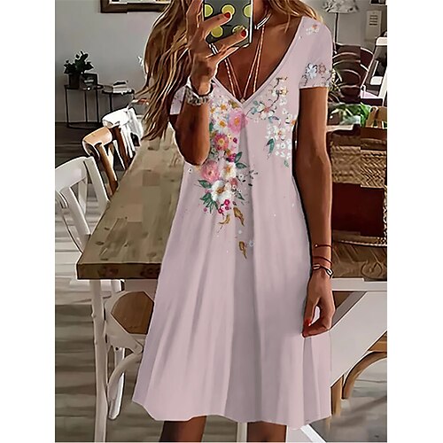 

Women's A Line Dress Knee Length Dress Pink Short Sleeve Floral Ruffle Patchwork Print Summer V Neck Casual Vacation 2022 S M L XL XXL / 3D Print