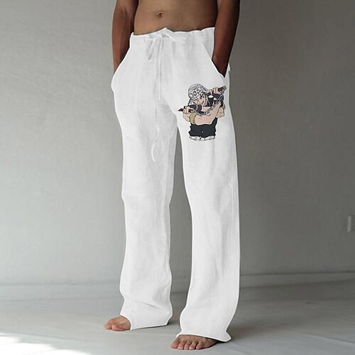

Inspired by Demon Slayer: Kimetsu no Yaiba Tengen Uzui Linen Pants Straight Trousers Cotton Blend Anime Elastic Drawstring Design Front Pocket Pants For Men's