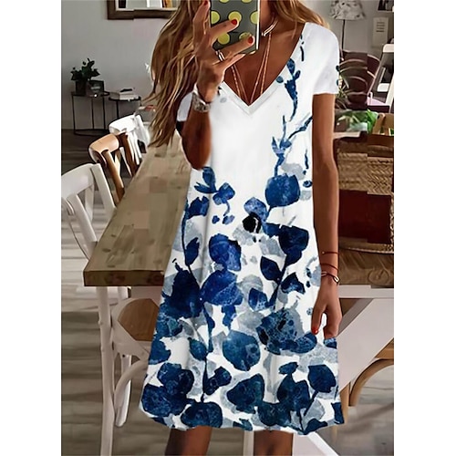 

Femme Robe casual Manche Courte Printemps Eté Imprimer Floral Col V Ample 2022 Boom Vente Robe Blanche S M L XL XXL 3XL