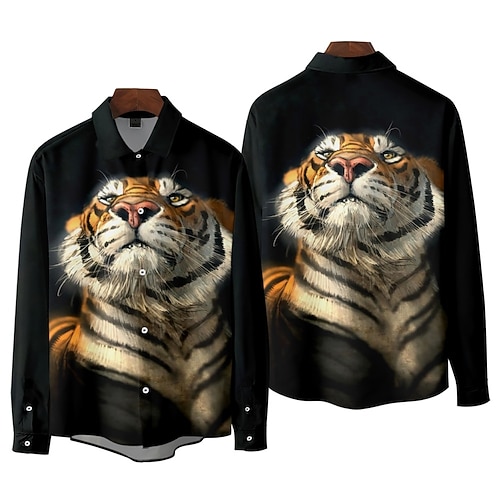 

Men's Shirt 3D Print Tiger Animal Collar Street Casual Long Sleeve Tops Fashion Vintage Classic Black