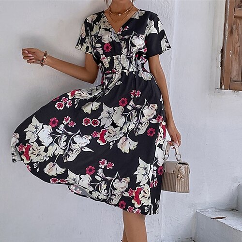 

Women's A Line Dress Midi Dress Black Purple Dark Blue Short Sleeve Floral Smocked Ruched Print Spring Summer V Neck Stylish Work Elegant 2022 S M L XL