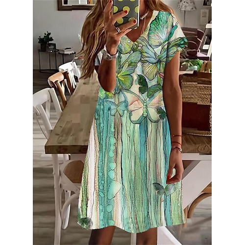 

Femme Robe casual Manche Courte Printemps Eté Imprimer Animal Papillon Col V Ample 2022 Boom Vente Robe Vert S M L XL XXL 3XL