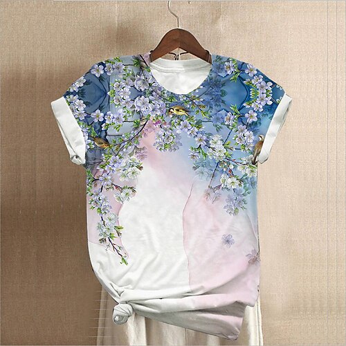 

Women's Plus Size Tops T shirt Floral Print Short Sleeve Crewneck Streetwear Daily Sports Cotton Spandex Jersey Spring Summer Blue