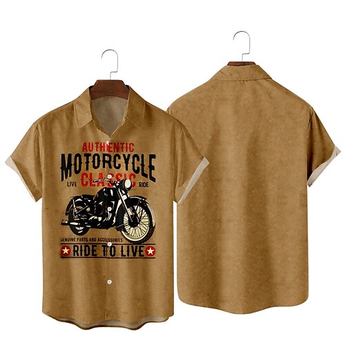 

Men's Shirt 3D Print Motorcycle Letter Classic Collar Party Daily Print Short Sleeve Tops Streetwear Hawaiian Brown