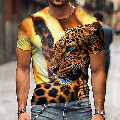 

Men's Unisex T shirt 3D Print Leopard Graphic Prints Animal Crew Neck Street Daily Print Short Sleeve Tops Casual Designer Big and Tall Sports Yellow