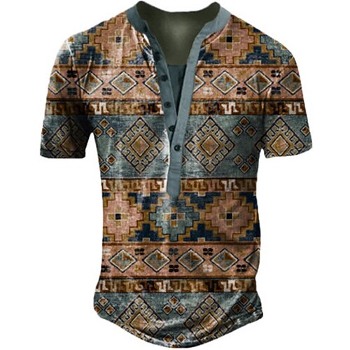 

Men's Henley Shirt T shirt 3D Print Graphic Argyle Henley Street Casual Button-Down Print Short Sleeve Tops Basic Classic Comfortable Big and Tall Blue