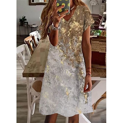 

Femme Robe casual Manche Courte Printemps Eté Imprimer Dégradé de Couleur Col V Ample 2022 Boom Vente Robe Dorée S M L XL XXL 3XL