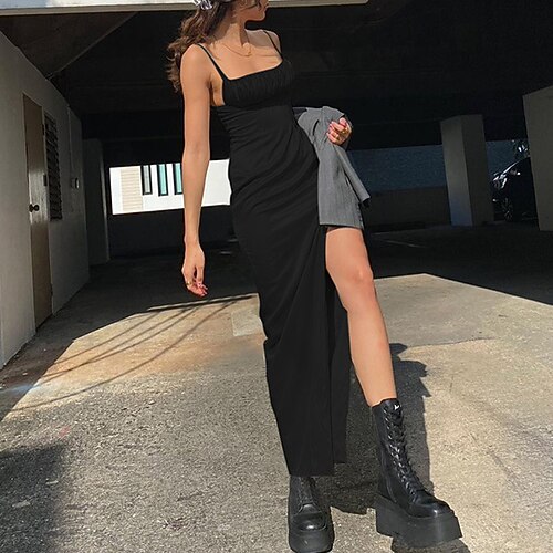

Sheath / Column Minimalist Sexy Party Wear Prom Dress Strapless Sleeveless Ankle Length Satin with Slit Pure Color 2022