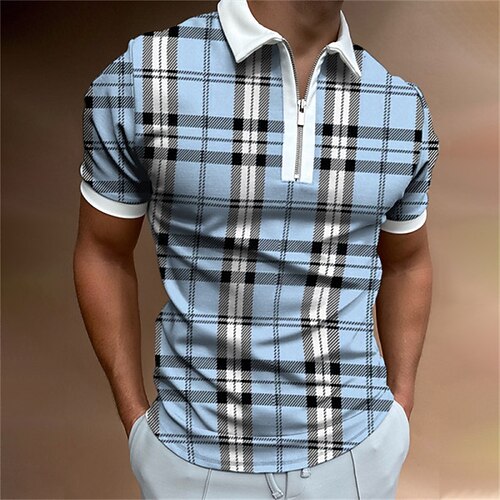 

Men's Golf Shirt Plaid Turndown Casual Daily Zipper Short Sleeve Tops Casual Fashion Comfortable Sports Light Blue