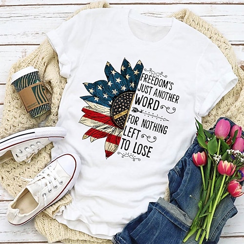 

Women's Painting T shirt Floral USA Fruit Print Round Neck Basic Tops Green Blue White