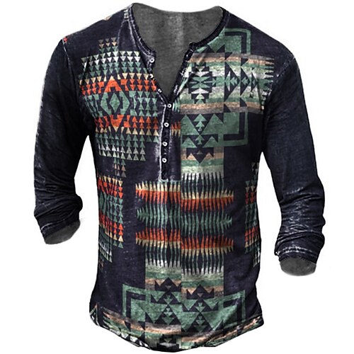 

Men's Henley Shirt T shirt 3D Print Graphic Geometry Henley Street Casual Button-Down Print Long Sleeve Tops Basic Classic Comfortable Big and Tall Black
