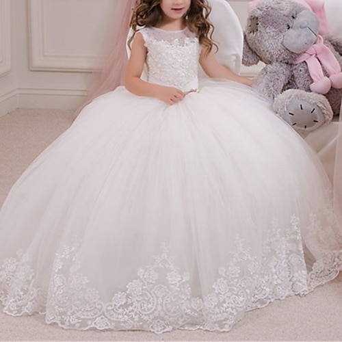 

Party Event / Party Princess Flower Girl Dresses Jewel Neck Floor Length Polyester / Cotton Blend Spring Summer with Bow(s) Appliques Cute Girls' Party Dress Fit 3-16 Years