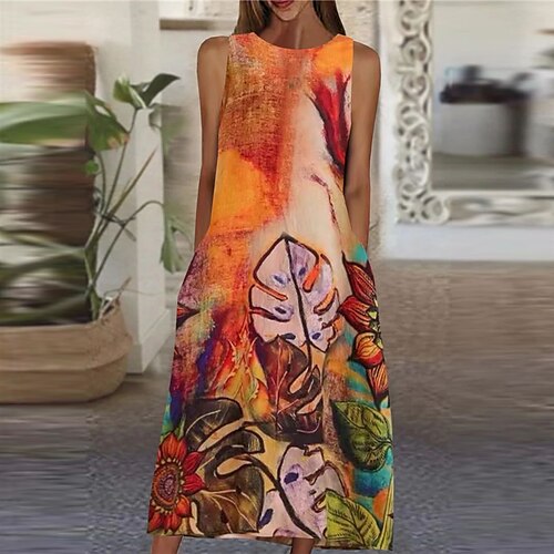 

Women's A Line Dress Midi Dress Green Blue Black Orange Sleeveless Floral Pocket Print Spring Summer Round Neck Elegant Casual Vacation 2022 S M L XL XXL