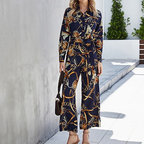 

Women's Jumpsuit Button Print Print Shirt Collar Elegant Street Daily Regular Fit Long Sleeve Navy Blue S M L Spring