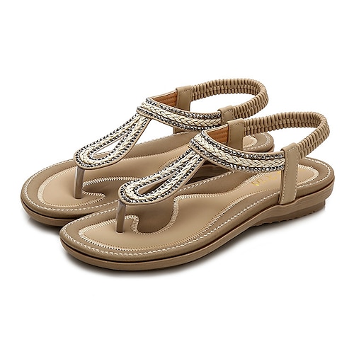 

Women's Sandals Flat Sandals Rhinestone Flat Heel Round Toe Open Toe Elegant Casual Party Beach PU Leather Elastic Band Spring Summer Solid Colored Almond Black Rosy Pink