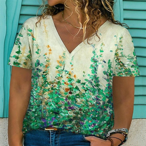 

Women's Plus Size Tops T shirt Floral Graphic Print Short Sleeve V Neck Streetwear Daily Vacation Polyester Spring Summer Green Blue