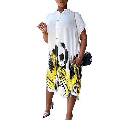 

Women's Shift Dress Midi Dress White Pink Yellow Short Sleeve Print Button Print Spring Summer Shirt Collar Personalized Casual 2022 S M L XL XXL