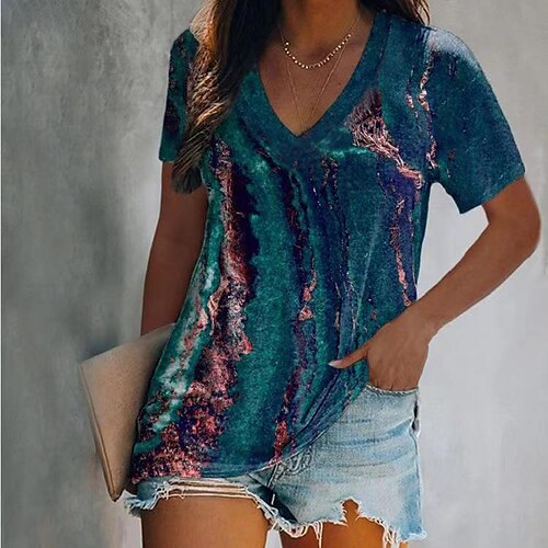 

Women's T shirt Tee Royal Blue Graphic Galaxy Patchwork Print Short Sleeve Casual Sports Sexy Beach V Neck Regular Geometric Painting S / 3D Print