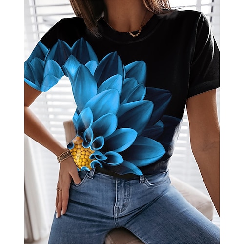 

Women's T shirt Tee Blue Purple Light Blue Floral Print Short Sleeve Casual Holiday Basic Round Neck Regular Painting S / 3D Print