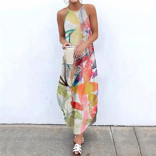 

Women's Shift Dress Slip Dress Green Blue Light Green Sleeveless Floral Print Spring Summer Halter Neck Loose Fit 2022 S M L XL XXL 3XL