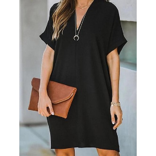 

Women's Swing Dress Knee Length Dress Black Dark Blue Red Short Sleeve Solid Color Fall Spring V Neck Casual Modern 2022 S M L XL 2XL 3XL
