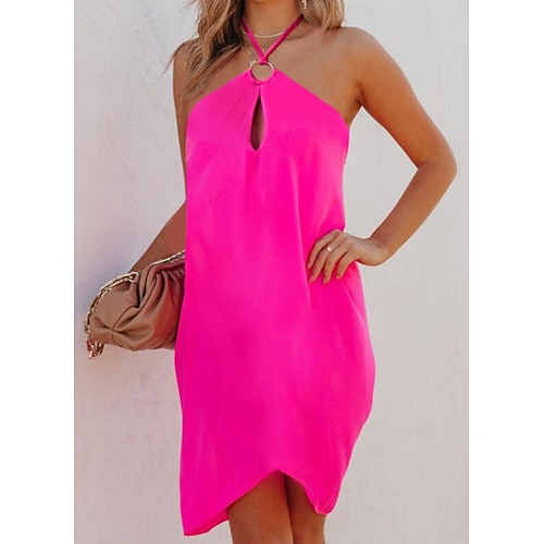 

Women's A Line Dress Short Mini Dress Fuchsia Sleeveless Solid Color Ruched Spring Summer Halter Neck Elegant Casual 2022 S M L XL XXL 3XL