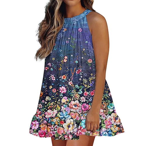 

Femme Robe Évasée Sans Manches Printemps Eté A Volants Accueil froid Imprimer Floral Col Ras du Cou Fin de semaine Ample 2022 Noir Bleu Bleu de minuit Blanche S M L XL XXL