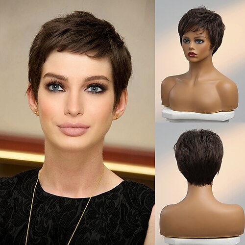 

Human Hair Blend Wig Short Straight Natural Straight Pixie Cut Side Part Layered Haircut Asymmetrical Black White Brown Cosplay Curler & straightener Natural Hairline Capless Brazilian Hair Women's