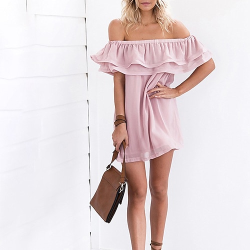 

Women's Chiffon Dress Short Mini Dress White Pink Sleeveless Solid Color Chiffon Ruffle Patchwork Summer Off Shoulder Stylish Elegant Casual 2022 S M L XL