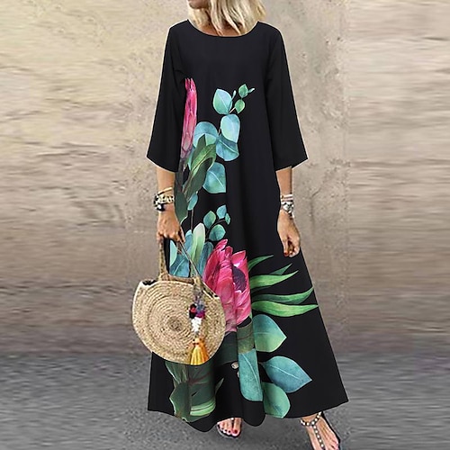 

Damen A Linie Kleid kleid lang Schwarz Weiß 3/4 Ärmel Blumen Bedruckt Sommer Frühling Rundhalsausschnitt Brautkleider schlicht Lockere Passform 2023 S M L XL XXL 3XL 4XL 5XL