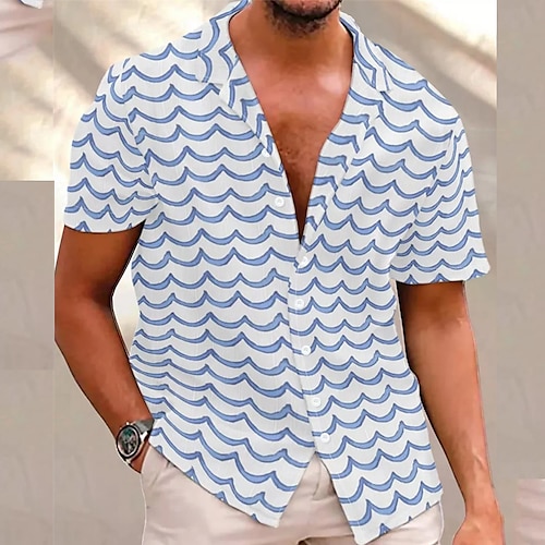 

Men's Shirt Waves Turndown Street Casual Button-Down Short Sleeve Tops Casual Fashion Breathable Comfortable Blue / White