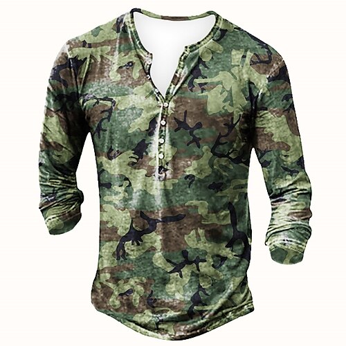 

Men's Henley Shirt Graphic Camo / Camouflage Henley Army Green 3D Print Street Daily Long Sleeve 3D Button-Down Clothing Apparel Sports Lightweight Comfortable