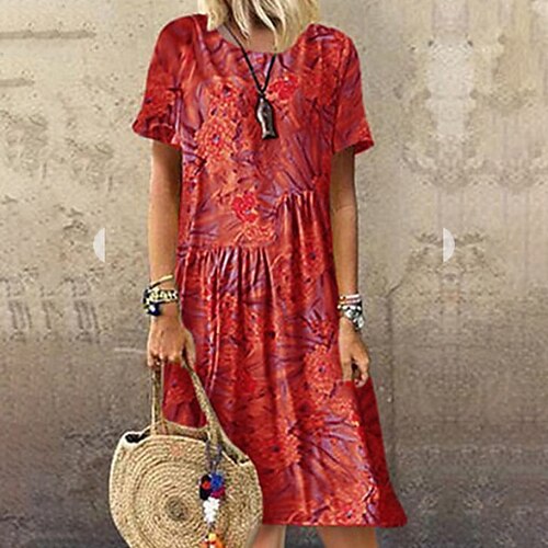 

Women's Casual Dress Midi Dress Blue Yellow Red Short Sleeve Floral Ruched Spring Summer Crew Neck Loose Fit 2022 S M L XL XXL 3XL