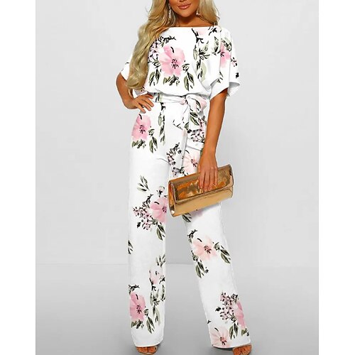 

Women's Jumpsuit Print Floral Crew Neck Elegant Party Prom Straight Regular Fit Half Sleeve White S M L Spring