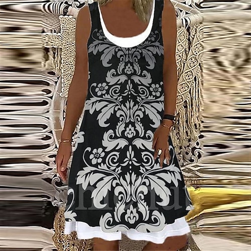 

Women's Shift Dress Short Mini Dress Green Black Gray Navy Blue Sleeveless Floral Print Fake two piece Print Spring Summer U Neck Casual Vacation 2022 S M L XL XXL 3XL