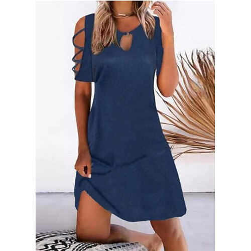 

Women's Casual Dress Mini Dress Blue Short Sleeve Pure Color Ruched Spring Summer Crew Neck Elegant Weekend 2023 S M L XL XXL 3XL