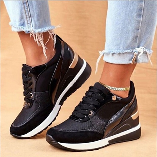 

Women's Sneakers Plus Size Height Increasing Shoes Platform Sneakers Outdoor Daily Wedge Heel Hidden Heel Round Toe Sporty Basic Casual Walking Shoes Lace-up Color Block Black Gold